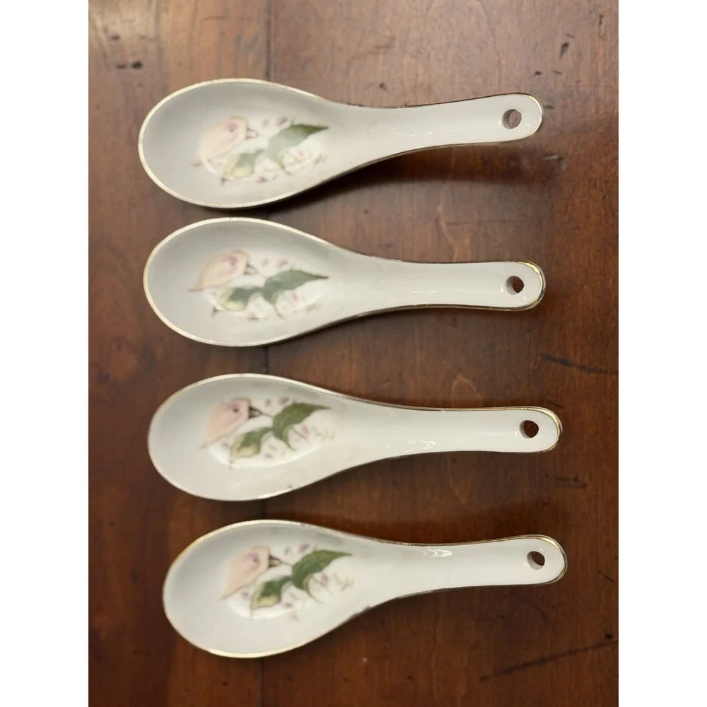 Set Of 4 Vintage Tatung Chinese Porcelain Soup Spoon w/h Pink Flower & Gold Rim
